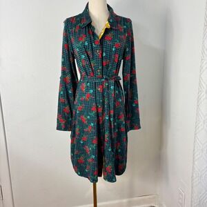 Matilda Jane Fa La La Shirt Dress Teal Gingham Floral Print Cottage Boho SZ M